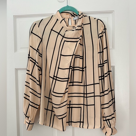 MANGO Ecru Geometric-Print Blouse Sz 8 - Picture 3 of 7
